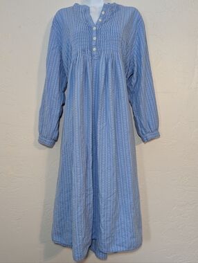 L.L. Bean Light Blue Stitched Texture Cotton Peasant Maxi Summer Dress Cottage